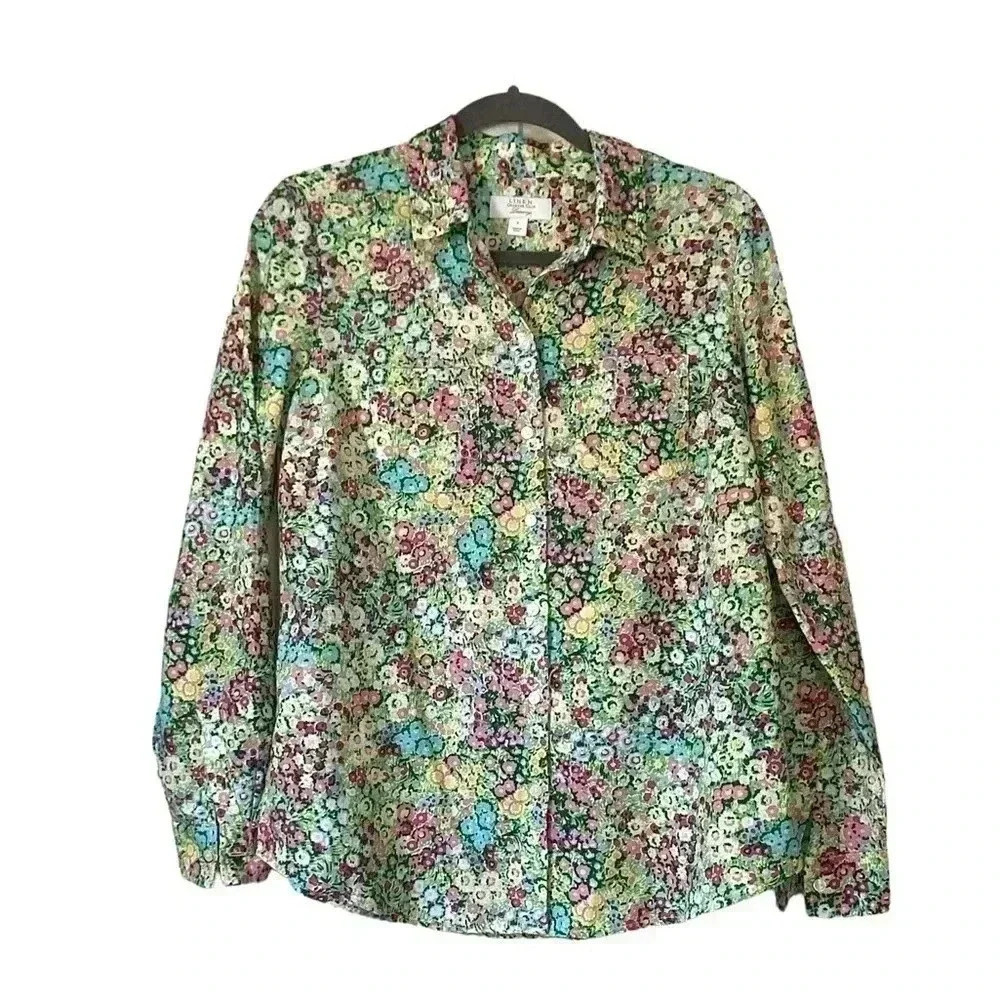 Charter Club Floral Linen Blend Long Sleeve Womens Shirt Size Small
